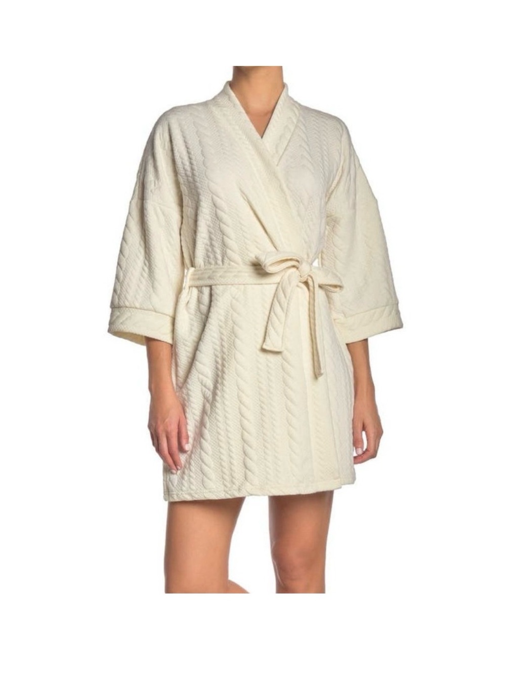 Tahari Cream Cable-Knit Short Robe with Tie Belt